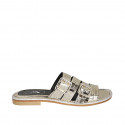 Woman's mules with rhinestones and buckles in platinum laminated printed patent leather heel 1 - Available sizes:  33, 42, 44