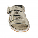 Woman's mules with rhinestones and buckles in platinum laminated printed patent leather heel 1 - Available sizes:  33, 42, 44
