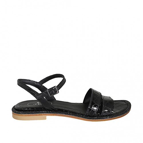 Woman's sandal in black printed patent leather with strap heel 1 - Available sizes:  33, 34, 42, 44, 45