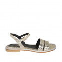 Woman's sandal with rhinestones and strap in platinum laminated printed patent leather heel 1 - Available sizes:  33, 34, 46