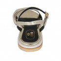 Woman's sandal with rhinestones and strap in platinum laminated printed patent leather heel 1 - Available sizes:  33, 34