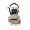 Woman's sandal with rhinestones and strap in platinum laminated printed patent leather heel 1 - Available sizes:  33, 34