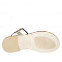 Woman's sandal with rhinestones and strap in platinum laminated printed patent leather heel 1 - Available sizes:  33, 34, 46