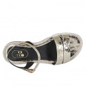 Woman's sandal with rhinestones and strap in platinum laminated printed patent leather heel 1 - Available sizes:  33, 34, 46