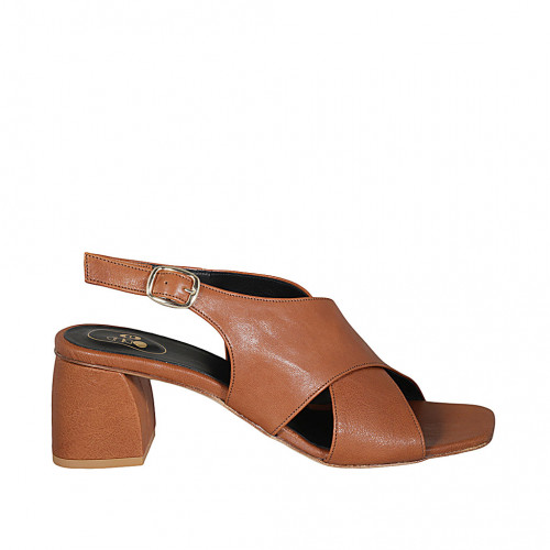 Woman's sandal in tan brown leather heel 6 - Available sizes:  44