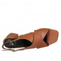 Woman's sandal in tan brown leather heel 6 - Available sizes:  44