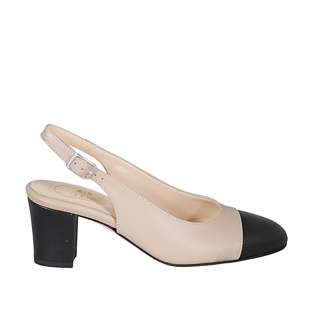 Woman's slingback pump in black and nude leather heel 6