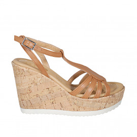 Woman's strap sandal in cognac brown leather wedge heel 10 - Available sizes: 32, 42, 43