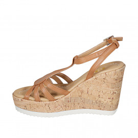 Woman's strap sandal in cognac brown leather wedge heel 10 - Available sizes:  42, 43 2