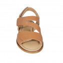 Woman's sandal in cognac brown leather with velcro straps heel 1 - Available sizes:  33, 44