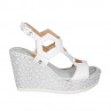 Sandale pour femmes avec plateforme en cuir blanc et tissu lamé talon compensé 10 - Pointures disponibles:  42, 43, 45