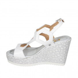 Woman's platform sandal in white leather and laminated fabric wedge heel 10 - Available sizes:  42, 43 2