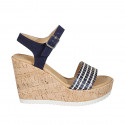 Woman's sandal in blue suede and raffia with strap, platform and wedge heel 10 - Available sizes:  34, 42, 43, 44, 45