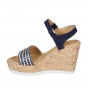 Woman's sandal in blue suede and raffia with strap, platform and wedge heel 10 - Available sizes:  34, 42, 43, 44, 45