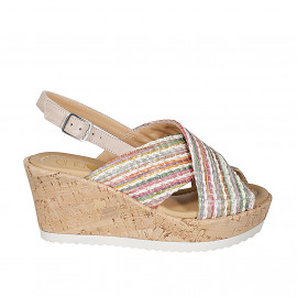 Sandalia para mujer en rafia multicolor y gamuza beis con plataforma y cuña 7 - Tallas disponibles:  42, 43