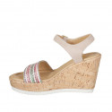 Woman's strap sandal in multicolored raffia and beige suede with platform and wedge heel 10 - Available sizes:  42, 44, 45