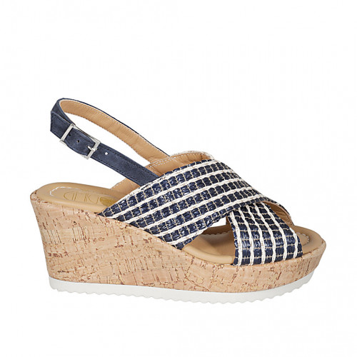 Woman's sandal in multicolored raffia and blue suede with platform and wedge heel 7 - Available sizes:  31, 33, 34, 42, 43, 45