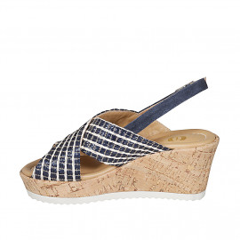 Woman's sandal in multicolored raffia and blue suede with platform and wedge heel 7 - Available sizes:  42 2