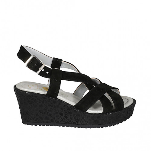 Woman's sandal in black suede and laminated fabric with platform wedge heel 7 - Available sizes:  33, 42, 43, 45
