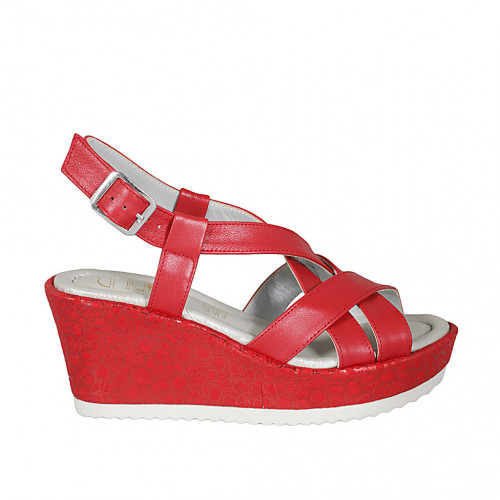 Sandale pour femmes en cuir rouge et tissu lamé avec plateforme talon compensé 7 - Pointures disponibles:  33, 34, 42, 44