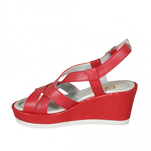 Woman's sandal in red leather and laminated fabric with platform wedge heel  7