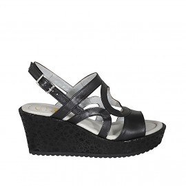 Woman's platform sandal in black leather and laminated fabric wedge heel 7 - Available sizes:  31, 32, 42, 45