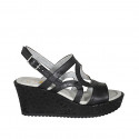 Woman's platform sandal in black leather and laminated fabric wedge heel 7 - Available sizes:  31, 32, 42, 43, 45