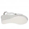 Woman's platform sandal in white leather and laminated fabric wedge heel 7 - Available sizes:  31, 43, 45