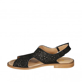 Woman's sandal with velcro strap in black pierced suede heel 1 - Available sizes:  32, 33 2