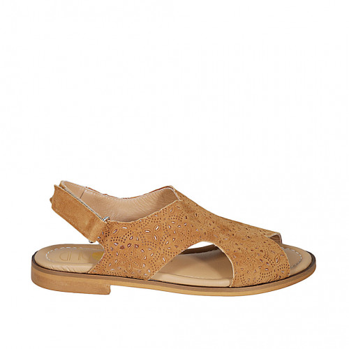 Woman's sandal with velcro strap in cognac brown pierced suede heel 1 - Available sizes:  32, 33, 34, 42, 43, 44, 45
