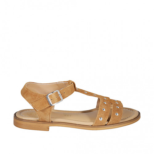 Sandale pour femmes en daim cognac avec courroie, goujons et talon 1 - Pointures disponibles:  33, 34