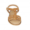 Woman's sandal in cognac brown suede with strap, studs and heel 1 - Available sizes:  33, 34