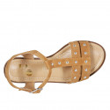 Woman's sandal in cognac brown suede with strap, studs and heel 1 - Available sizes:  33, 34
