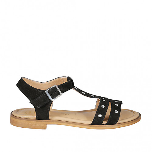 Woman's sandal in black suede with strap, studs and heel 1 - Available sizes:  33, 34, 42