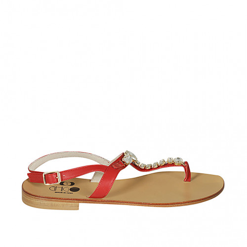Sandalo infradito da donna in pelle rossa con strass tacco 2 - Misure disponibili: 42, 43, 44