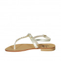 Woman's thong sandal in platinum laminated leather with rhinestones heel 2 - Available sizes:  42, 43