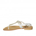Woman's thong sandal in silver laminated leather with rhinestones heel 2 - Available sizes:  43, 44, 45