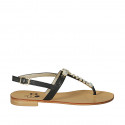 Woman's thong sandal in black leather with rhinestones heel 2 - Available sizes:  42, 43, 44