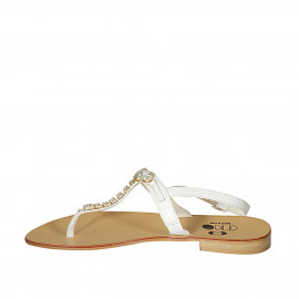 Woman's thong sandal in white leather with rhinestones heel 2 - Available sizes:  42, 43 2