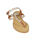 Woman's thong sandal in tan brown leather with rhinestones heel 2 - Available sizes:  42, 43, 44