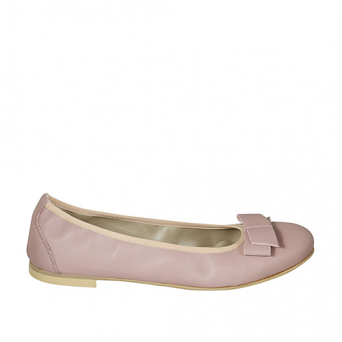 Woman's ballerina in rose leather with big bow heel 1 - Available sizes:  42, 43, 44