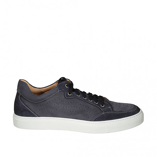 Chaussure à lacets pour hommes avec semelle amovible en cuir et cuir nubuck perforé bleu - Pointures disponibles:  47