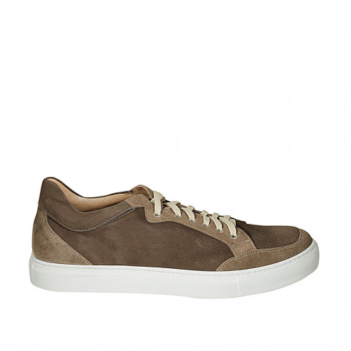 Man's laced shoe with removable insole in brown pierced nubuck leather and suede - Available sizes:  47, 48