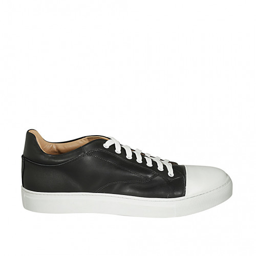 Man's laced shoe with removable insole in black and white leather - Available sizes:  47, 48