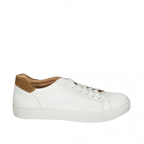 Chaussure à lacets pour hommes avec semelle amovible en cuir blanc et daim marron - Pointures disponibles:  47, 48, 50