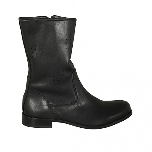 Woman's ankle boot with zipper in black leather and pierced leather heel 3 - Available sizes:  43