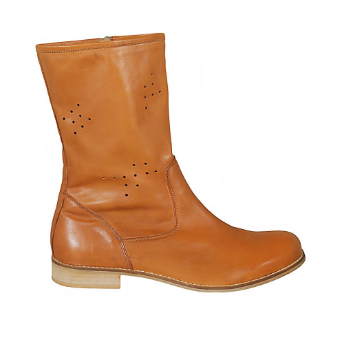 Woman's ankle boot with zipper in tan brown leather and pierced leather heel 3 - Available sizes:  43, 44