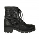 Woman's laced ankle boot in black leather and pierced leather heel 6 - Available sizes:  42, 43