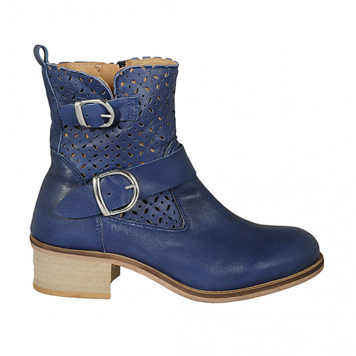 Stivaletto da donna con cerniera e fibbie in pelle e pelle forata blu tacco 4 - Misure disponibili: 33
