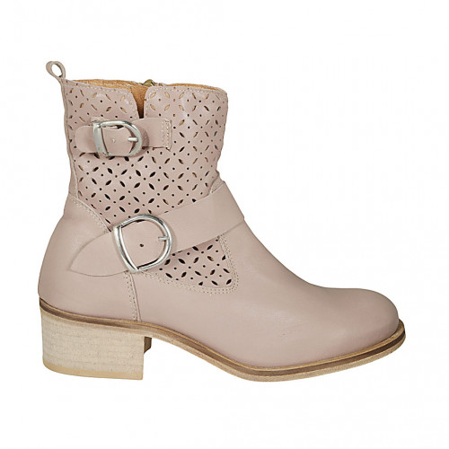 Woman's boot with zipper and buckles in nude leather and pierced leather heel 4 - Available sizes:  33, 43, 45